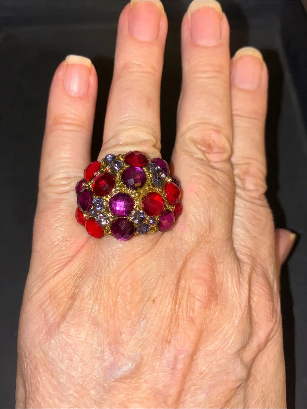 Silver Tone Red & Purple Cluster Statement Stretch Ring